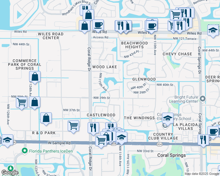 map of restaurants, bars, coffee shops, grocery stores, and more near 3951 Northwest 115th Avenue in Coral Springs