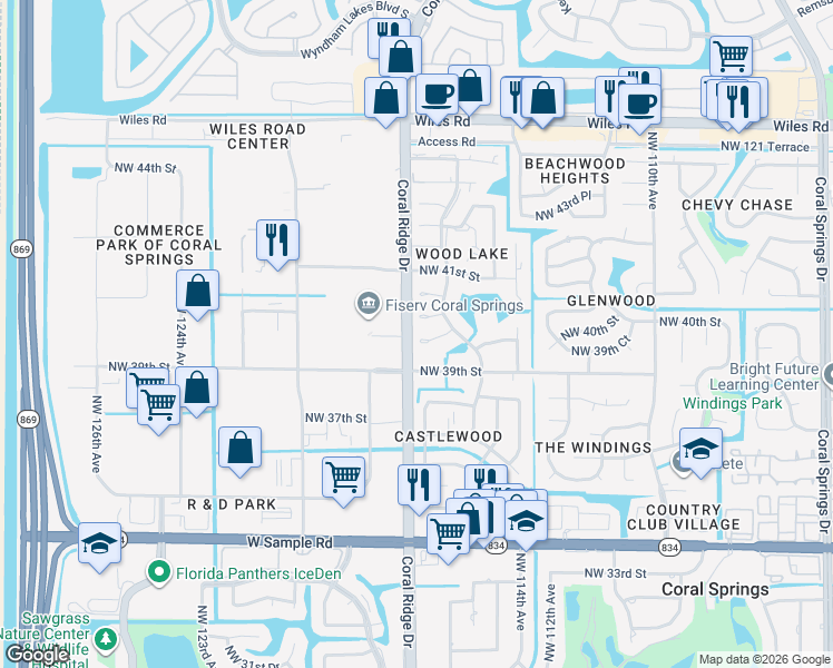 map of restaurants, bars, coffee shops, grocery stores, and more near 11537 Northwest 39th Place in Coral Springs