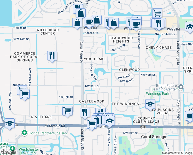 map of restaurants, bars, coffee shops, grocery stores, and more near 3951 Northwest 115th Avenue in Coral Springs