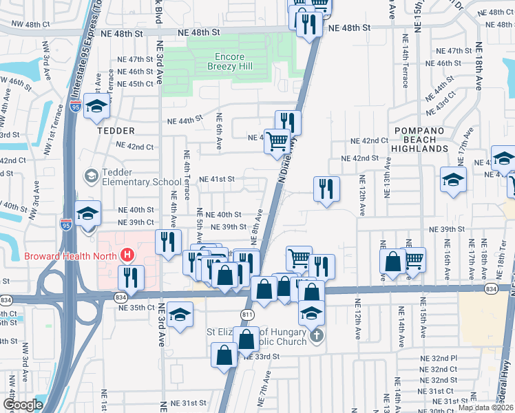 map of restaurants, bars, coffee shops, grocery stores, and more near 4011 Northeast 8th Avenue in Pompano Beach