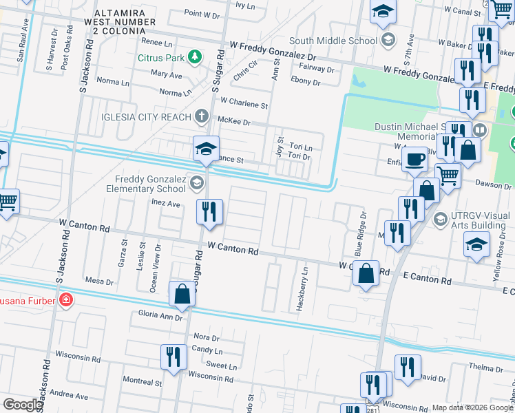 map of restaurants, bars, coffee shops, grocery stores, and more near 2508 Serrano Street in Edinburg