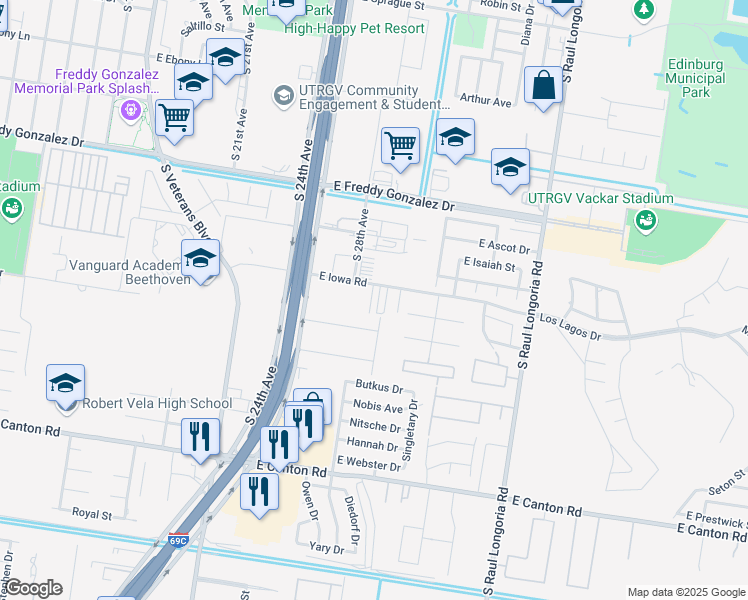 map of restaurants, bars, coffee shops, grocery stores, and more near 1902 East Iowa Road in Edinburg