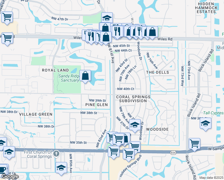 map of restaurants, bars, coffee shops, grocery stores, and more near 4060 Northwest 81st Avenue in Coral Springs
