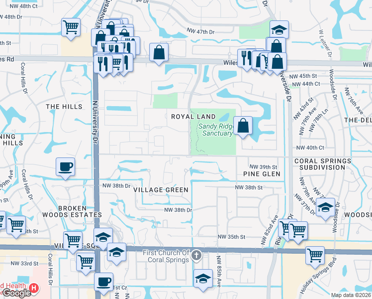 map of restaurants, bars, coffee shops, grocery stores, and more near 4104 Northwest 88th Avenue in Coral Springs
