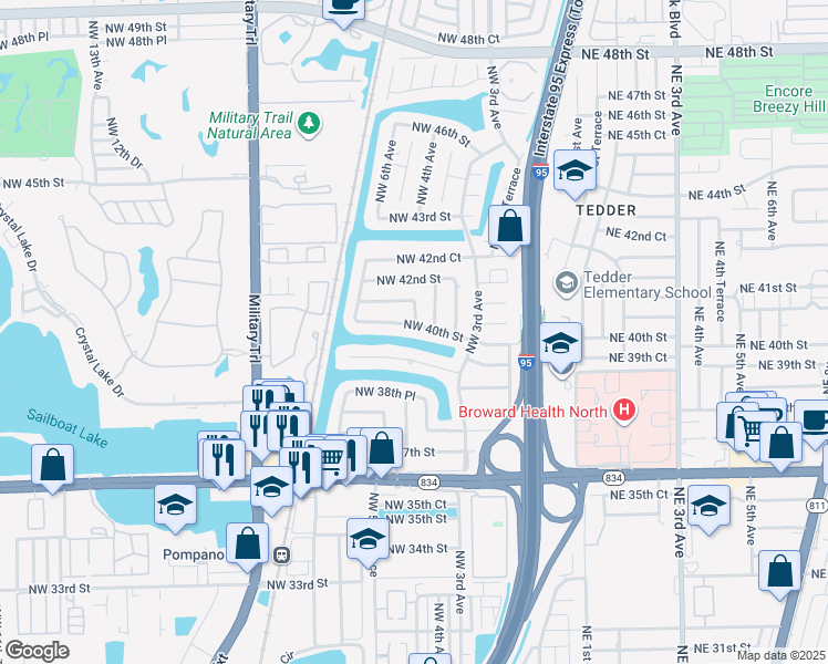 map of restaurants, bars, coffee shops, grocery stores, and more near 410 Northwest 40th Street in Pompano Beach
