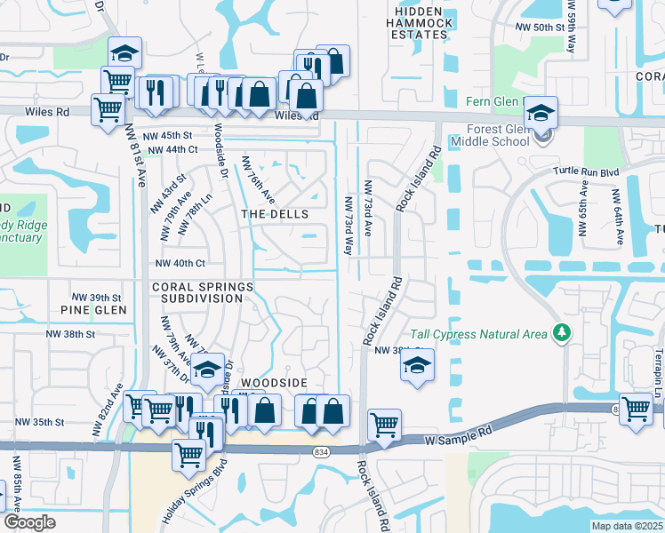 map of restaurants, bars, coffee shops, grocery stores, and more near 4103 Northwest 75th Avenue in Coral Springs