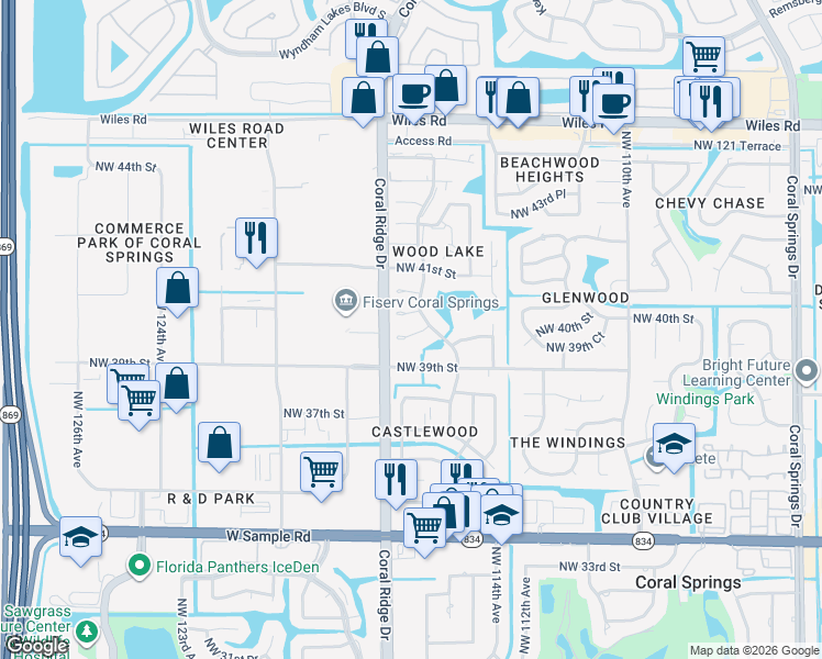 map of restaurants, bars, coffee shops, grocery stores, and more near 11537 Northwest 39th Place in Coral Springs