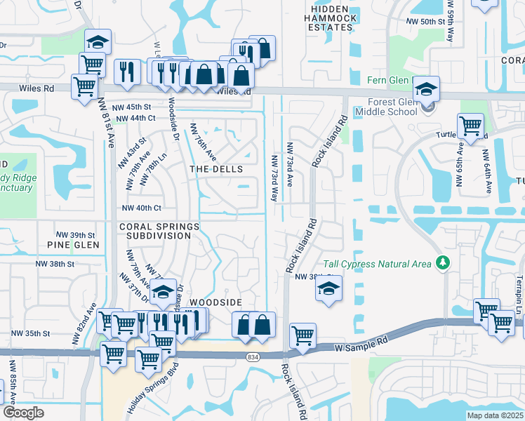 map of restaurants, bars, coffee shops, grocery stores, and more near 4103 Northwest 75th Avenue in Coral Springs