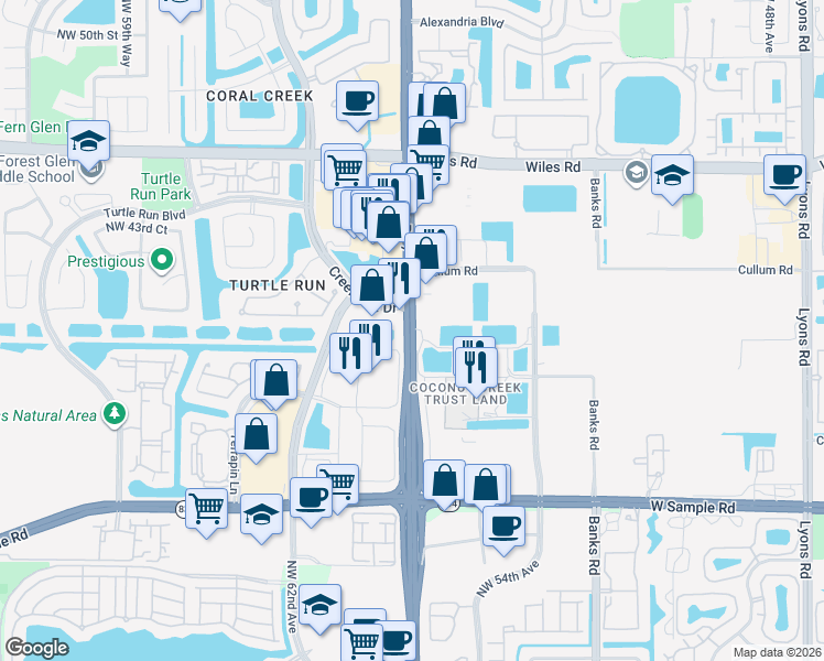 map of restaurants, bars, coffee shops, grocery stores, and more near 4230 North State Road 7 in Coconut Creek