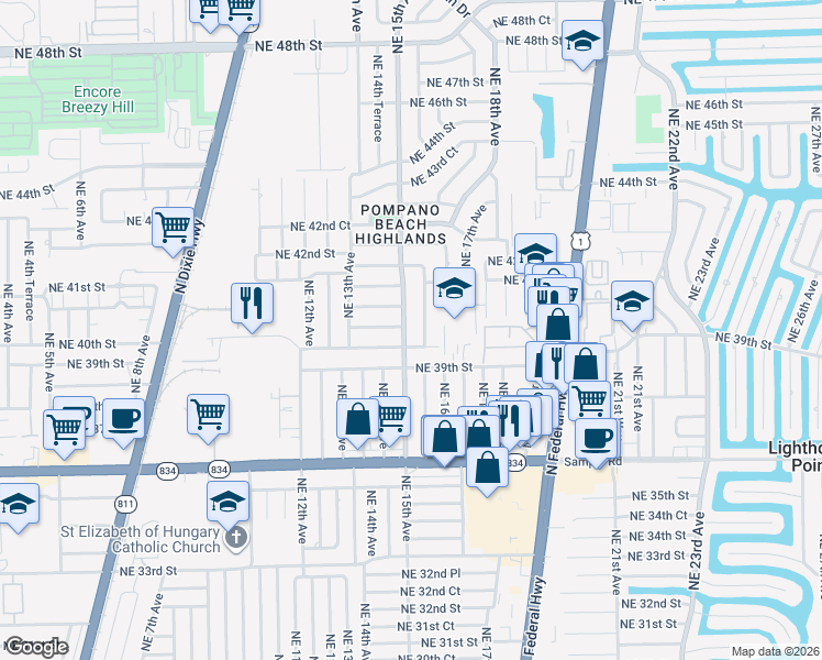 map of restaurants, bars, coffee shops, grocery stores, and more near 4020 Northeast 15th Avenue in Pompano Beach