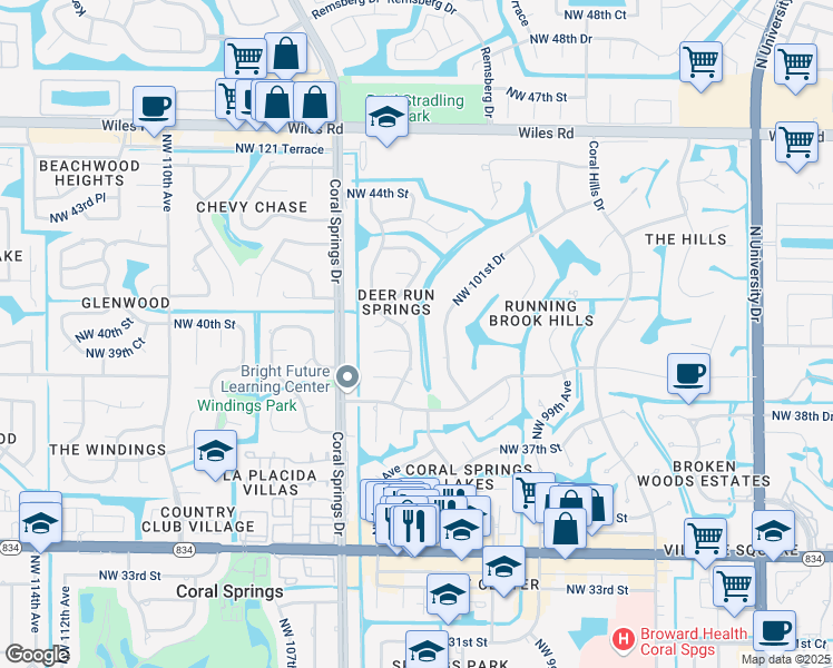 map of restaurants, bars, coffee shops, grocery stores, and more near 4015 Northwest 103rd Drive in Coral Springs