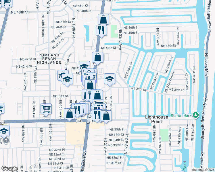 map of restaurants, bars, coffee shops, grocery stores, and more near 3901 Northeast 22nd Avenue in Lighthouse Point