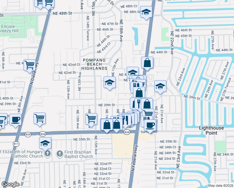 map of restaurants, bars, coffee shops, grocery stores, and more near 3900 Northeast 17th Avenue in Pompano Beach