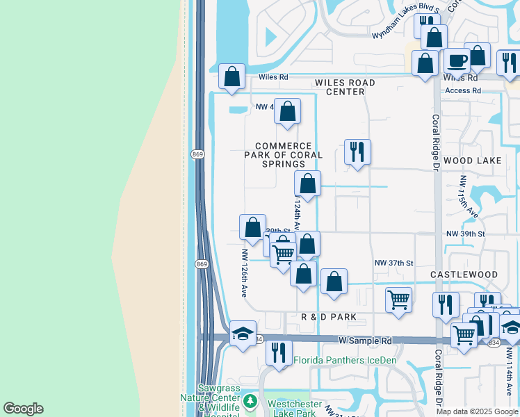 map of restaurants, bars, coffee shops, grocery stores, and more near 3979 Northwest 126th Avenue in Coral Springs