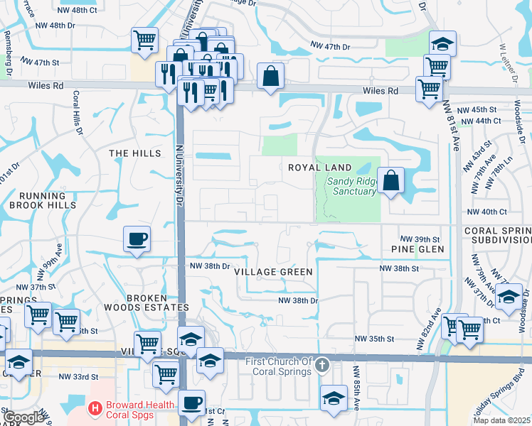 map of restaurants, bars, coffee shops, grocery stores, and more near 4137 Cardinal Road in Coral Springs