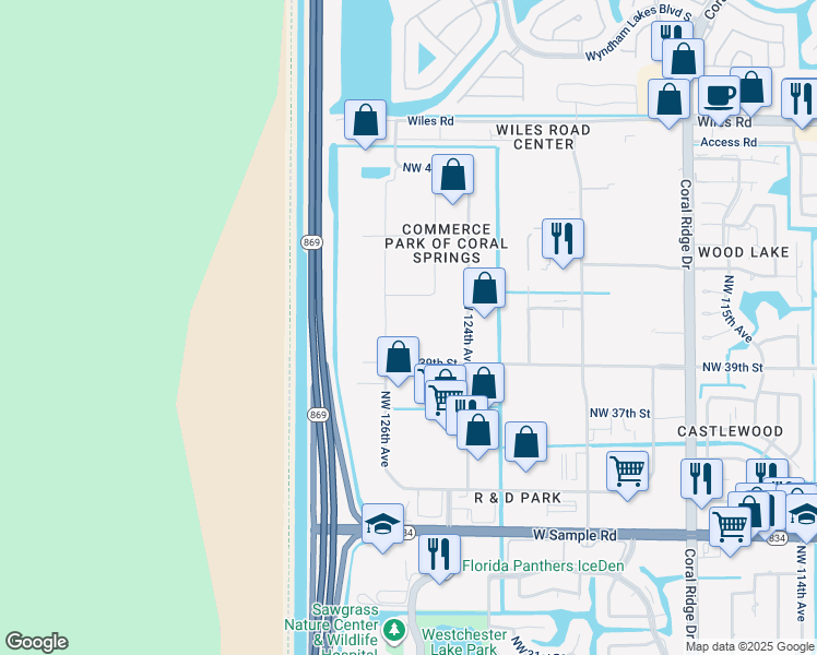 map of restaurants, bars, coffee shops, grocery stores, and more near 3979 Northwest 126th Avenue in Coral Springs