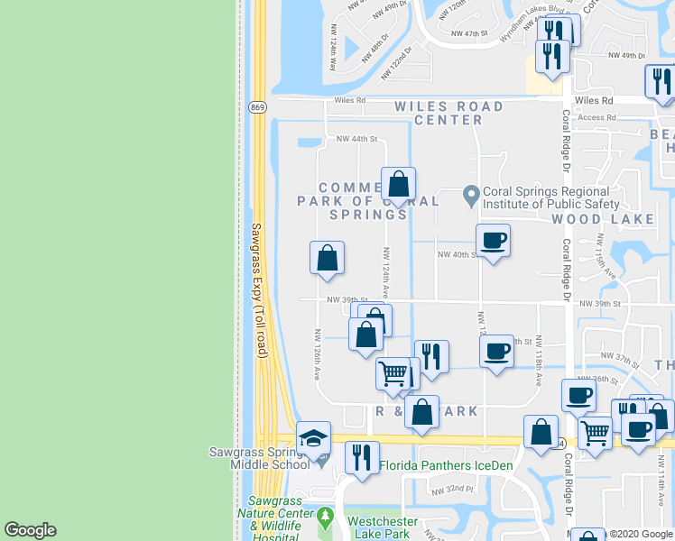 map of restaurants, bars, coffee shops, grocery stores, and more near 3979 Northwest 126th Avenue in Coral Springs