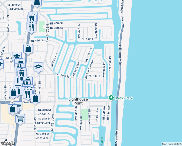 map of restaurants, bars, coffee shops, grocery stores, and more near 2730 Northeast 40th Street in Lighthouse Point