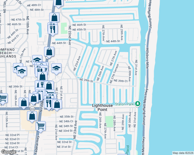 map of restaurants, bars, coffee shops, grocery stores, and more near 3921 Northeast 26th Avenue in Lighthouse Point