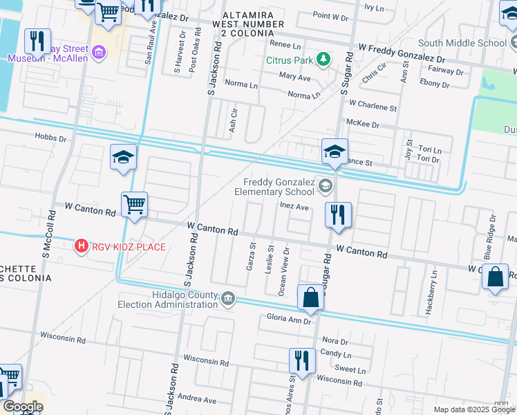 map of restaurants, bars, coffee shops, grocery stores, and more near 2611 Garza Street in Edinburg