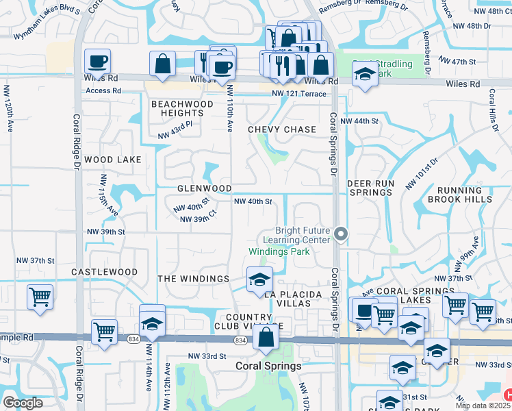 map of restaurants, bars, coffee shops, grocery stores, and more near 3980 Northwest 108th Avenue in Coral Springs