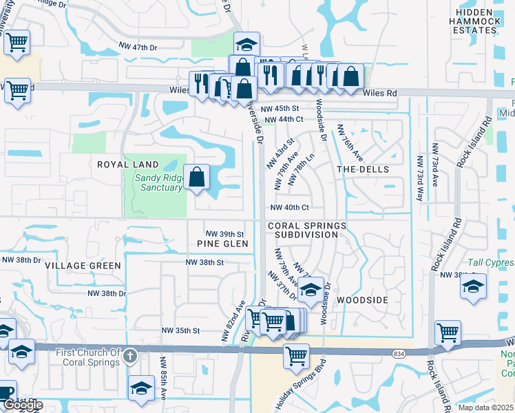 map of restaurants, bars, coffee shops, grocery stores, and more near 4060 Northwest 81st Avenue in Coral Springs