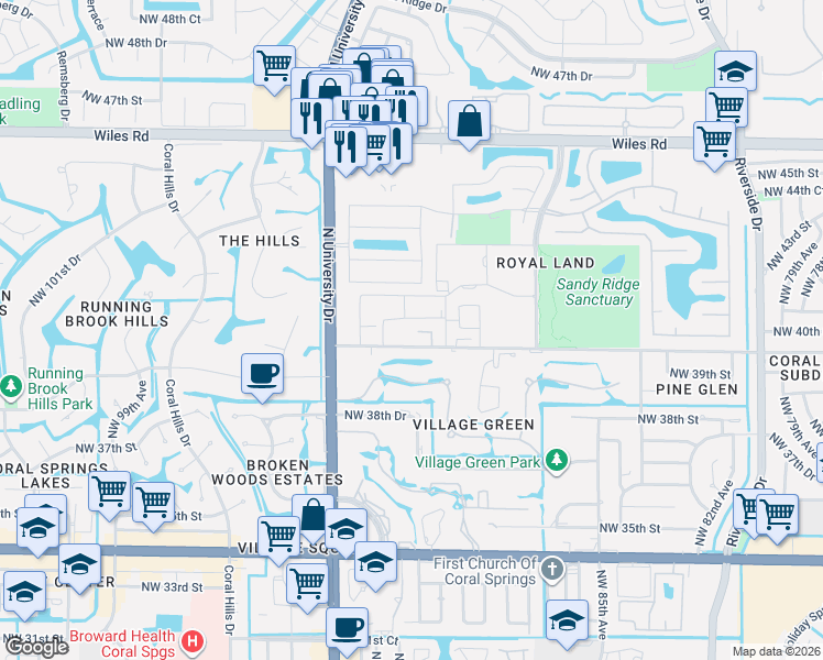 map of restaurants, bars, coffee shops, grocery stores, and more near 4149 Northwest 90th Avenue in Coral Springs