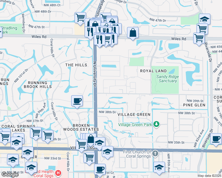 map of restaurants, bars, coffee shops, grocery stores, and more near 4161 Northwest 90th Avenue in Coral Springs
