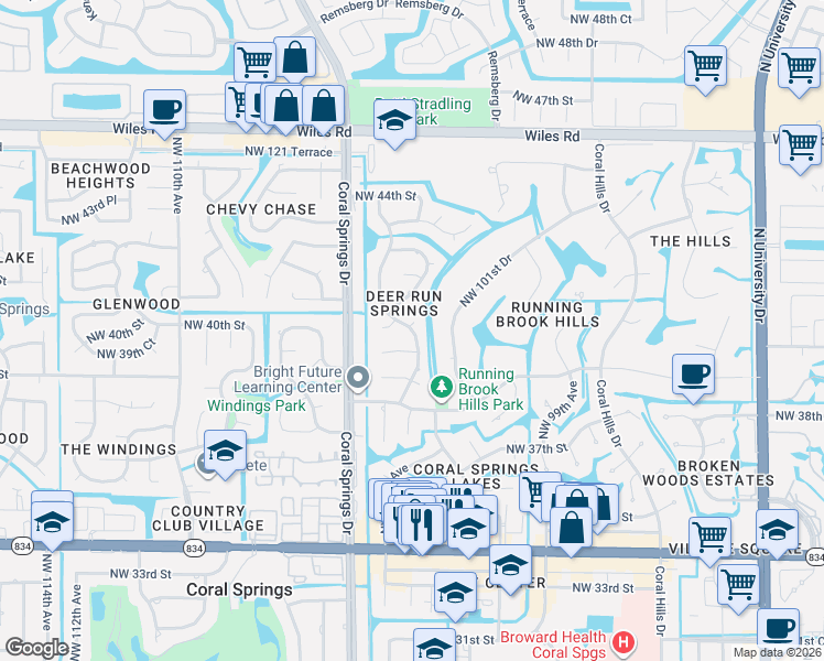 map of restaurants, bars, coffee shops, grocery stores, and more near 4015 Northwest 103rd Drive in Coral Springs
