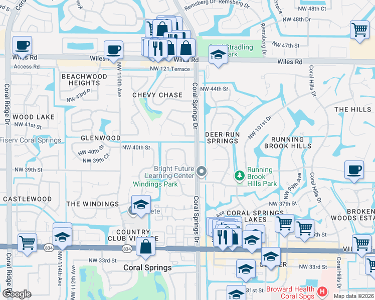 map of restaurants, bars, coffee shops, grocery stores, and more near 3990 Coral Springs Drive in Coral Springs