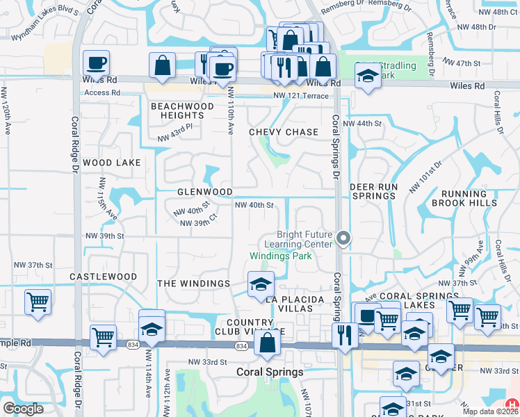 map of restaurants, bars, coffee shops, grocery stores, and more near 3980 Northwest 108th Avenue in Coral Springs