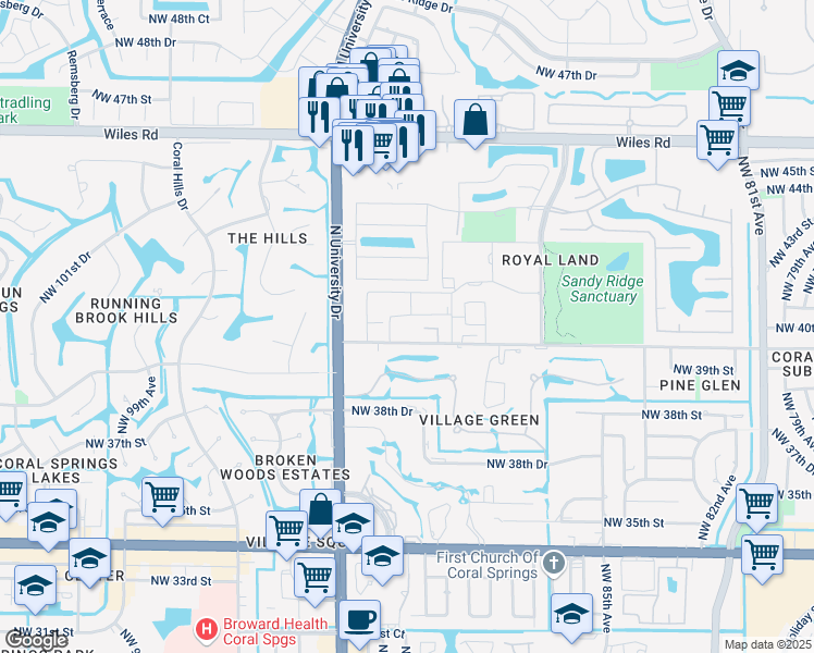 map of restaurants, bars, coffee shops, grocery stores, and more near 4151 Northwest 90th Avenue in Coral Springs