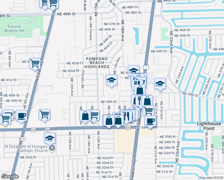 map of restaurants, bars, coffee shops, grocery stores, and more near 3951 Northeast 16th Avenue in Pompano Beach