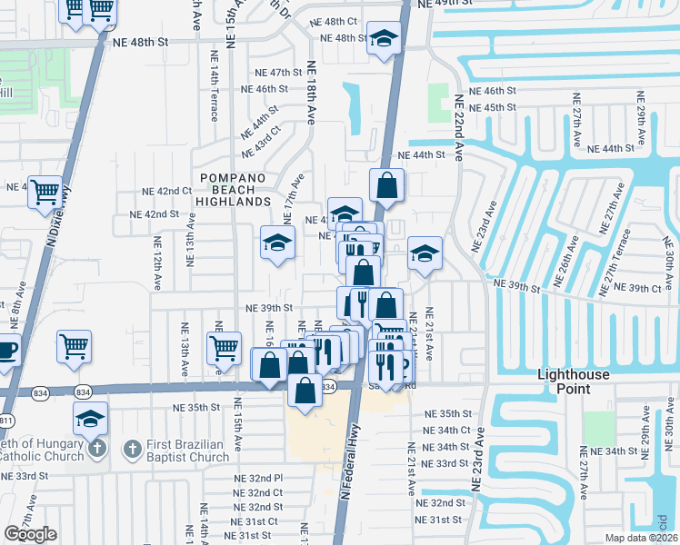 map of restaurants, bars, coffee shops, grocery stores, and more near 3951 Northeast 19th Road in Pompano Beach