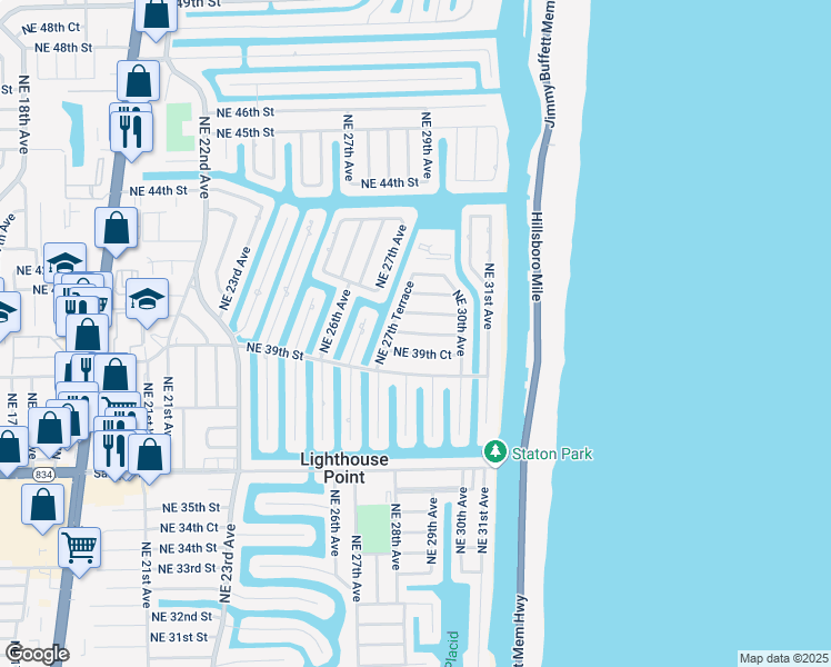 map of restaurants, bars, coffee shops, grocery stores, and more near 2730 Northeast 40th Street in Lighthouse Point