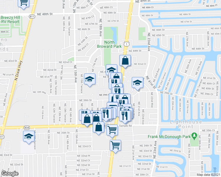map of restaurants, bars, coffee shops, grocery stores, and more near 3951 Northeast 19th Road in Pompano Beach