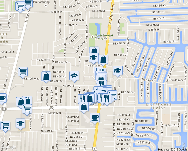 map of restaurants, bars, coffee shops, grocery stores, and more near 3951 Northeast 19th Road in Pompano Beach