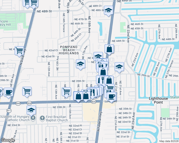 map of restaurants, bars, coffee shops, grocery stores, and more near 3900 Northeast 17th Avenue in Pompano Beach