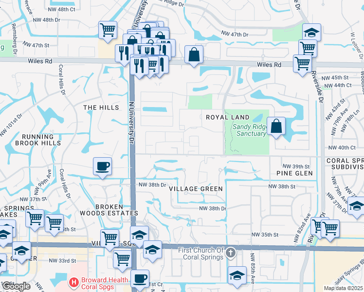 map of restaurants, bars, coffee shops, grocery stores, and more near 4137 Cardinal Road in Coral Springs