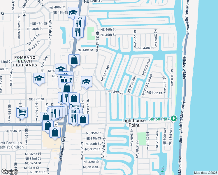 map of restaurants, bars, coffee shops, grocery stores, and more near 3900 Northeast 23rd Terrace in Lighthouse Point