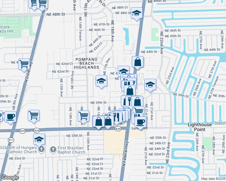 map of restaurants, bars, coffee shops, grocery stores, and more near 3900 Northeast 17th Avenue in Pompano Beach