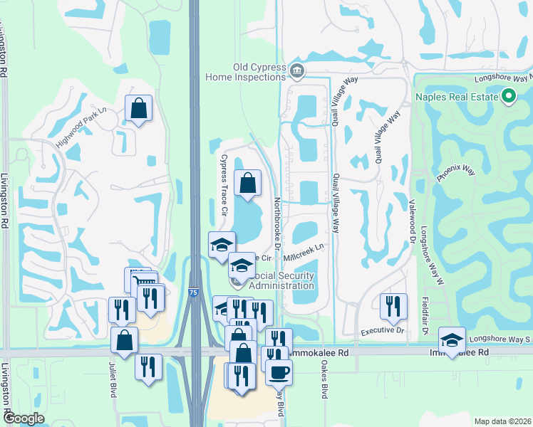map of restaurants, bars, coffee shops, grocery stores, and more near 2502 Oakes Boulevard in Naples