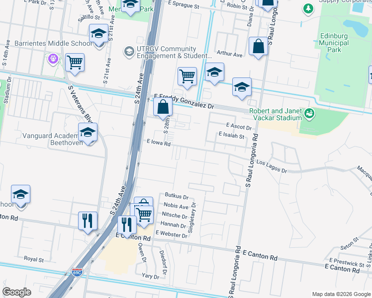 map of restaurants, bars, coffee shops, grocery stores, and more near 1902 East Iowa Road in Edinburg