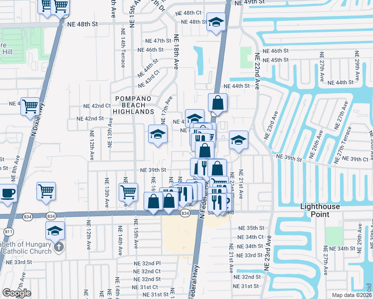 map of restaurants, bars, coffee shops, grocery stores, and more near 3951 Northeast 19th Road in Pompano Beach