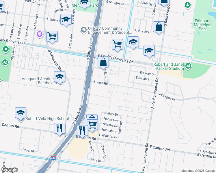map of restaurants, bars, coffee shops, grocery stores, and more near 1810 East Iowa Road in Edinburg