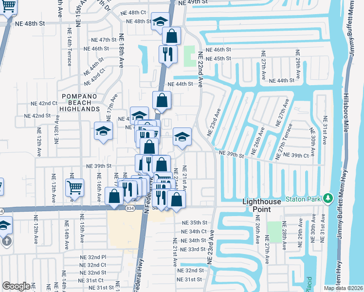 map of restaurants, bars, coffee shops, grocery stores, and more near 3901 Northeast 22nd Avenue in Lighthouse Point