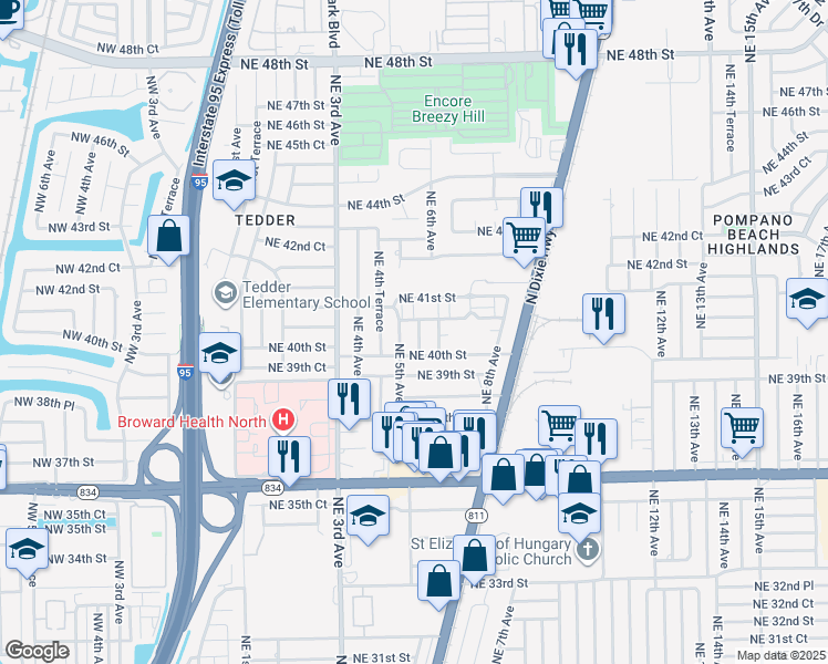 map of restaurants, bars, coffee shops, grocery stores, and more near 4011 Northeast 5th Terrace in Pompano Beach