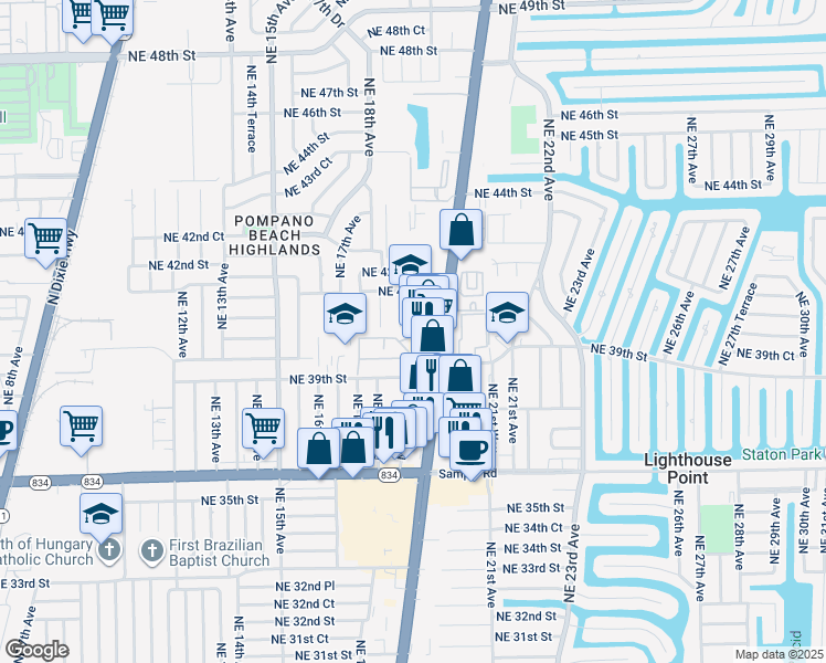 map of restaurants, bars, coffee shops, grocery stores, and more near 3951 Northeast 19th Road in Pompano Beach