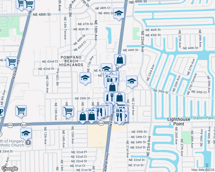 map of restaurants, bars, coffee shops, grocery stores, and more near 3951 Northeast 19th Road in Pompano Beach