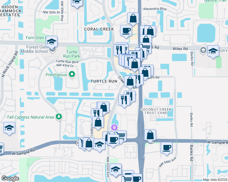 map of restaurants, bars, coffee shops, grocery stores, and more near 6112 Northwest 40th Street in Coral Springs